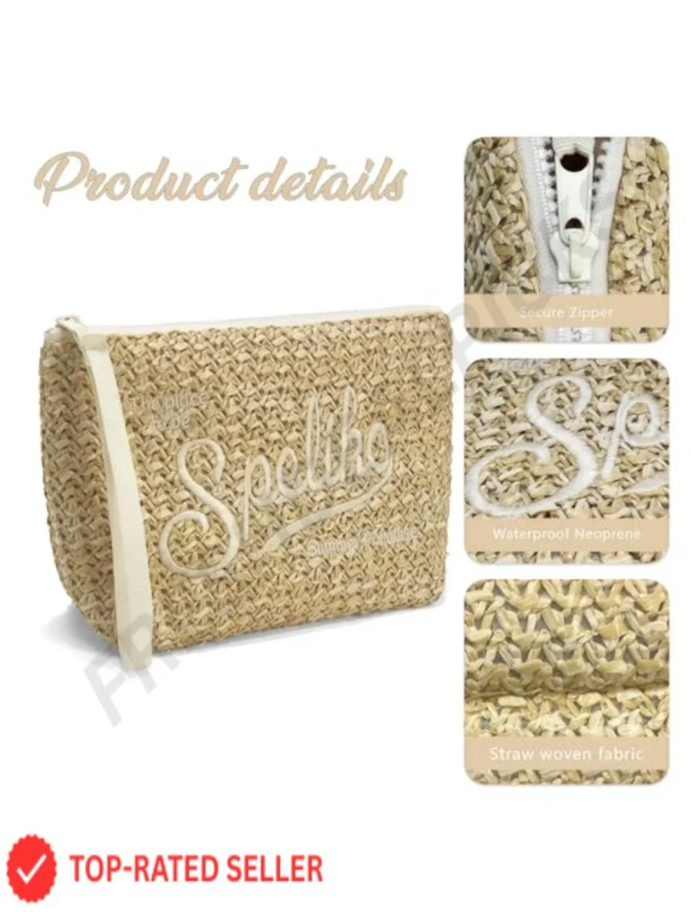 Handwoven Straw Cosmetic Bag with Wrist Strap
